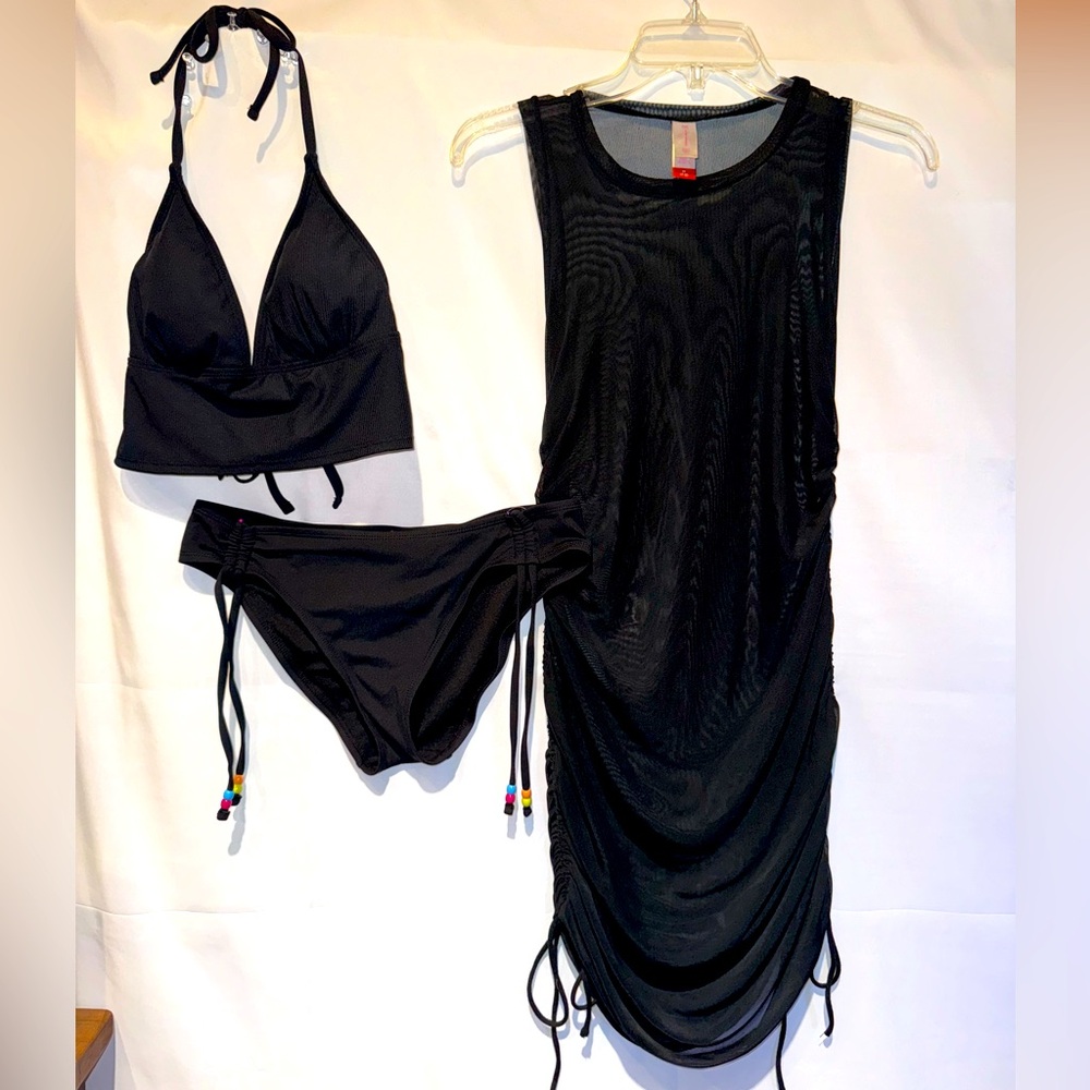 Black 2 piece junior bikini with sheer black cover up sz small/medium